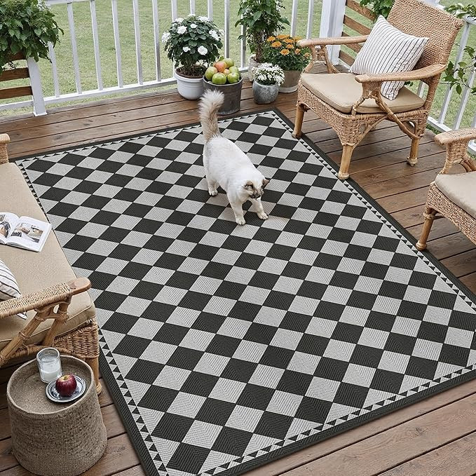 HUGEAR 3x5 Outdoor Rug Black/Grey Linen-Look Fabric Checkered Area Rug High Traffic Stain Resista... | Amazon (US)