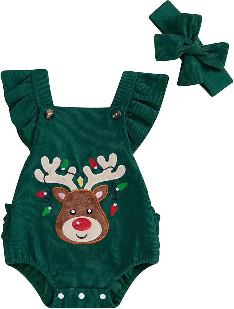 Karuedoo Newborn Baby Girl Christmas Outfit Gingerbread/Reindeer Embroidery Ruffle Sleeveless Cor... | Amazon (US)