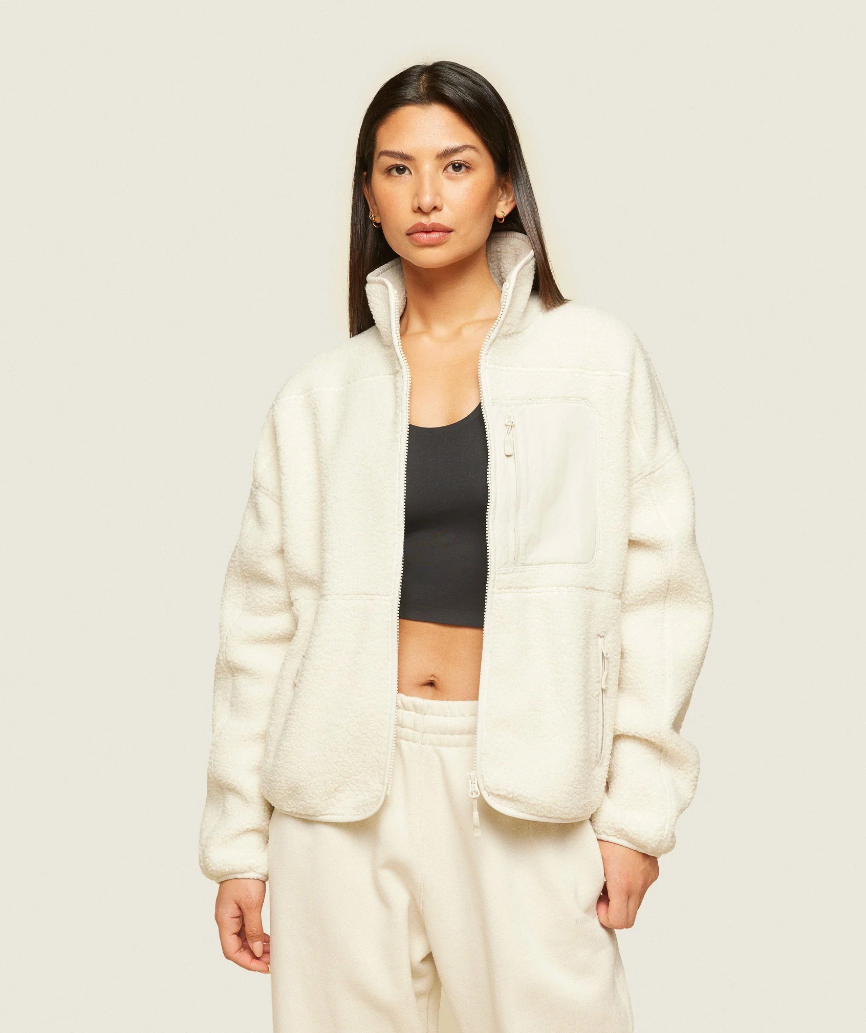 Gymshark everywear Zip Up Sherpa Jacket - Oat White | Gymshark US