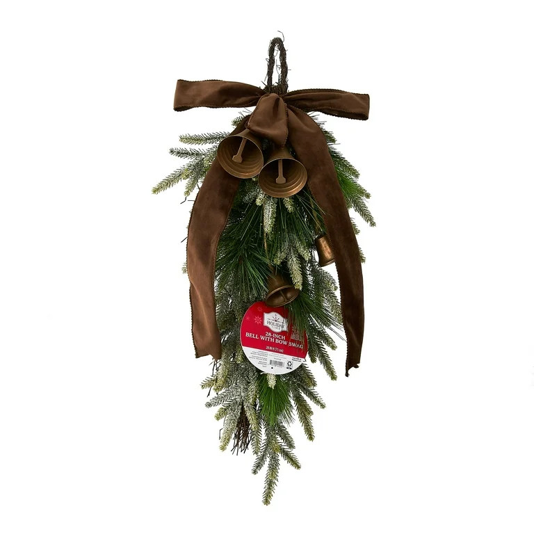 Bells, Bow, and Greenery Decorative Christmas Door Swag, Green and Brown, 28", by Holiday Time | Walmart (US)