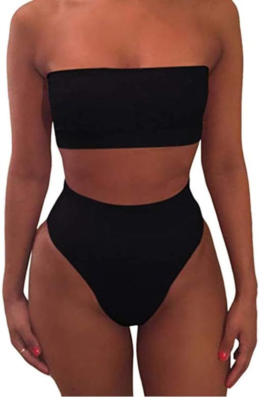 Women's Removable Straps Bandeau Bikini High Waist 2 Piece Swimsuits | Amazon (US)
