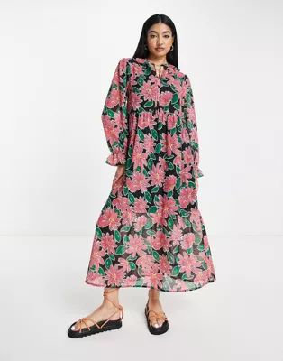 Wednesday's Girl ruffle neck midi smock dress in bright floral | ASOS (Global)
