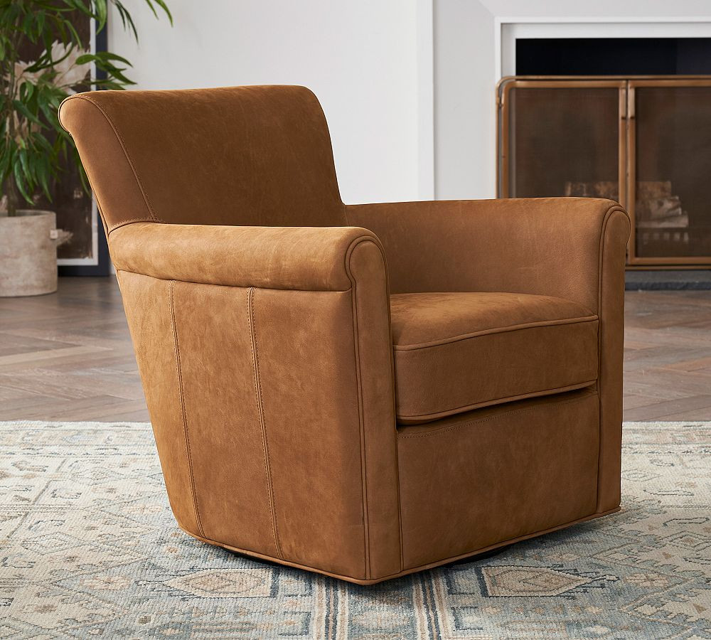 Irving Roll Arm Leather Swivel Armchair | Pottery Barn (US)