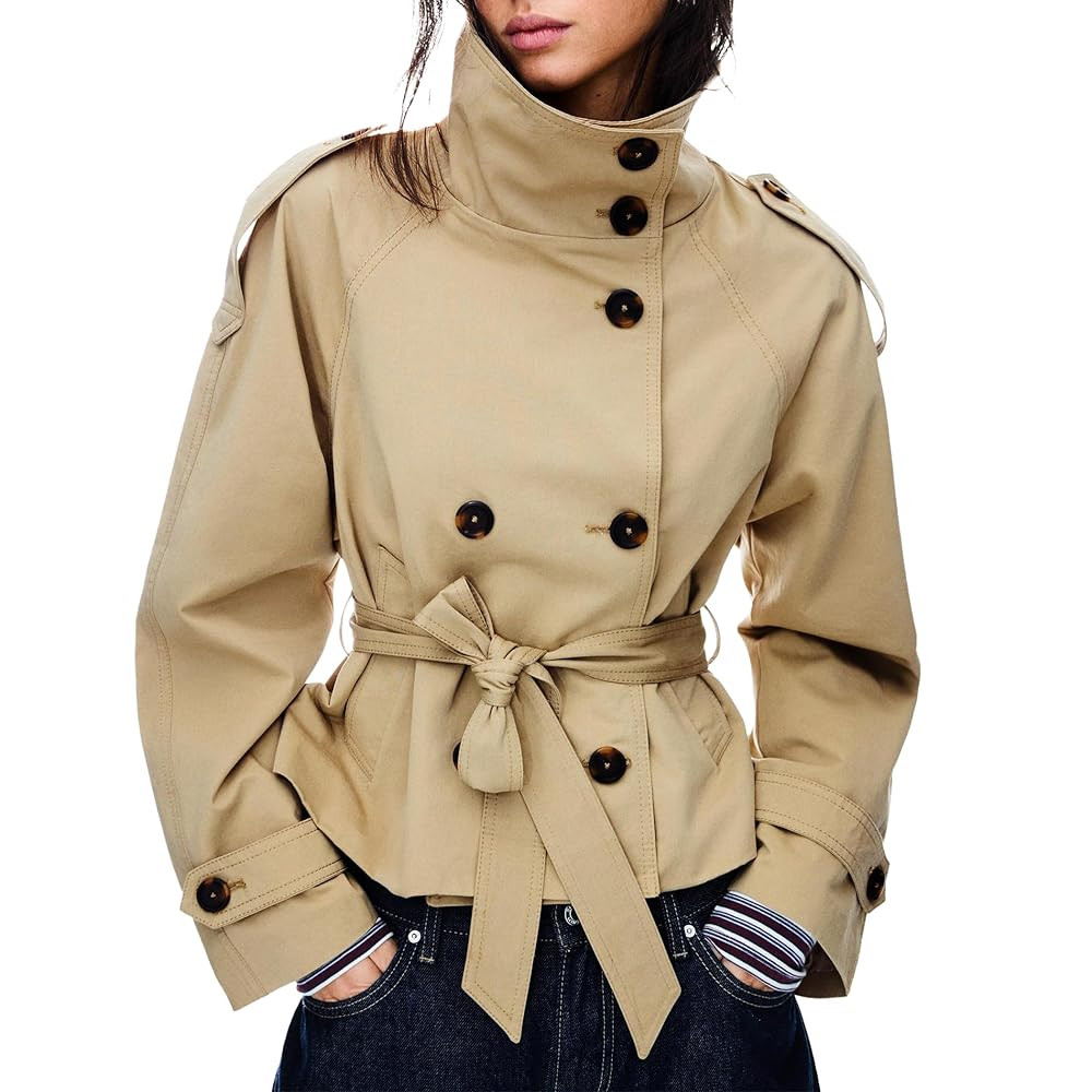 Women's Cropped Trench Coat Double Breasted Short Jacket High Collar Fall Winter Coats Trendy Out... | Amazon (US)
