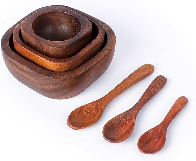 Tiny Acacia Wood Nesting Square Set 3 Serving Bowl 3¾”, 2¾”, 2⅛” Small 3 Wooden Spoon Mix size Stack | Amazon (US)
