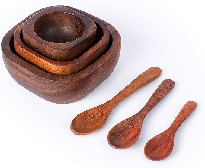 Tiny Acacia Wood Nesting Square Set 3 Serving Bowl 3¾”, 2¾”, 2⅛” Small 3 Wooden Spoon Mix size Stack | Amazon (US)