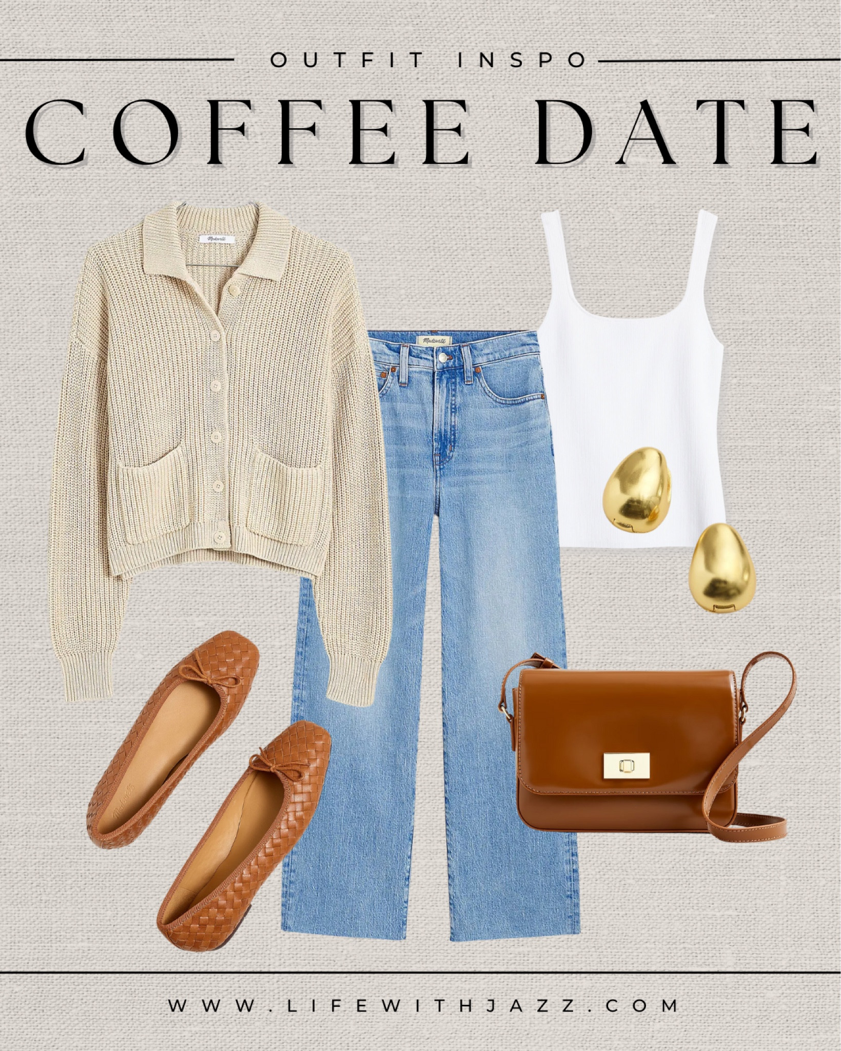 Coffee date outfit inspo ☕️

Cardigan  / Cami / wide leg jeans / woven flats / brown leather purse / gold jewelry / neutral / spring outfit / casual / running errands / going shopping

#LTKstyletip #LTKSeasonal