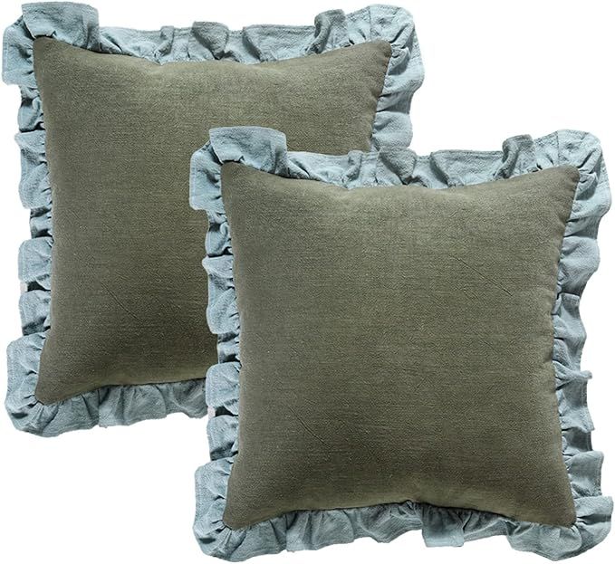 patdrea Green Decorative Throw Pillow Covers 18x18 Set of 2, Farmhouse Linen Pillow Covers with R... | Amazon (US)