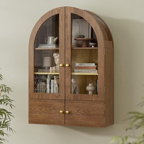 BREEZEHEAT Arched Bathroom Wall Cabinet, Arch Medicine Cabinet Wall Mounted with Glass Doors, Wall Over Toilet Storage Cabinet w/Adjustable Shelves for Laundry Room, Kitchen, Living Room, Walnut | Amazon (US)