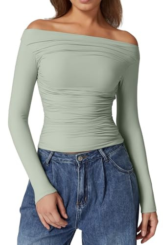 QINSEN Womens Off Shoulder Long Sleeve Tops Ruched Going Out Crop Slim Fitted Double Lined Shirts | Amazon (US)