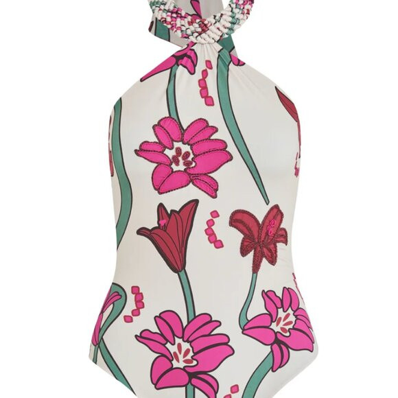 NWOT Juan de Dios Torre Del Cielo Embroidered / Beige Fuchsia Flowers Swimsuit | Poshmark
