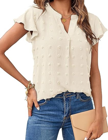 MEROKEETY Women 2024 Summer V Neck Ruffle Short Sleeve Blouse Swiss Dot Flowy Shirt Tunic Top | Amazon (US)