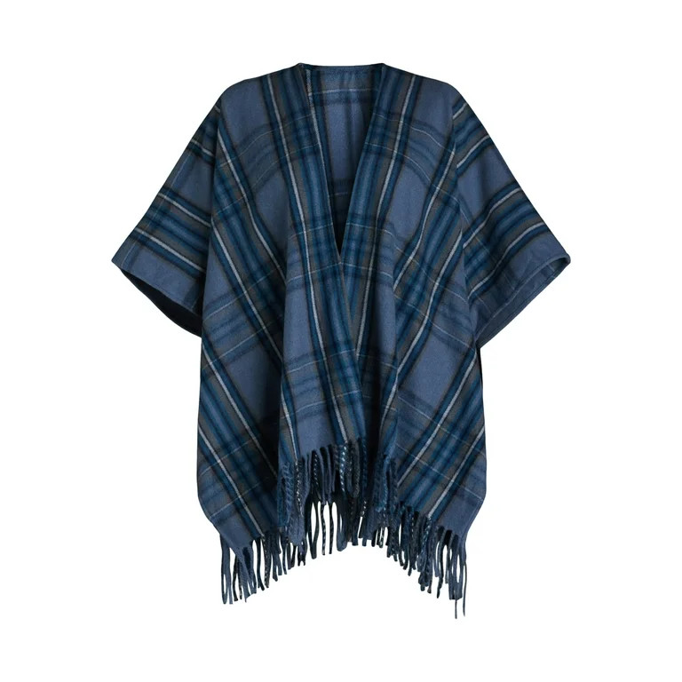 Time and Tru Women's Plaid Fashion Ruana, One Size, Blue | Walmart (US)