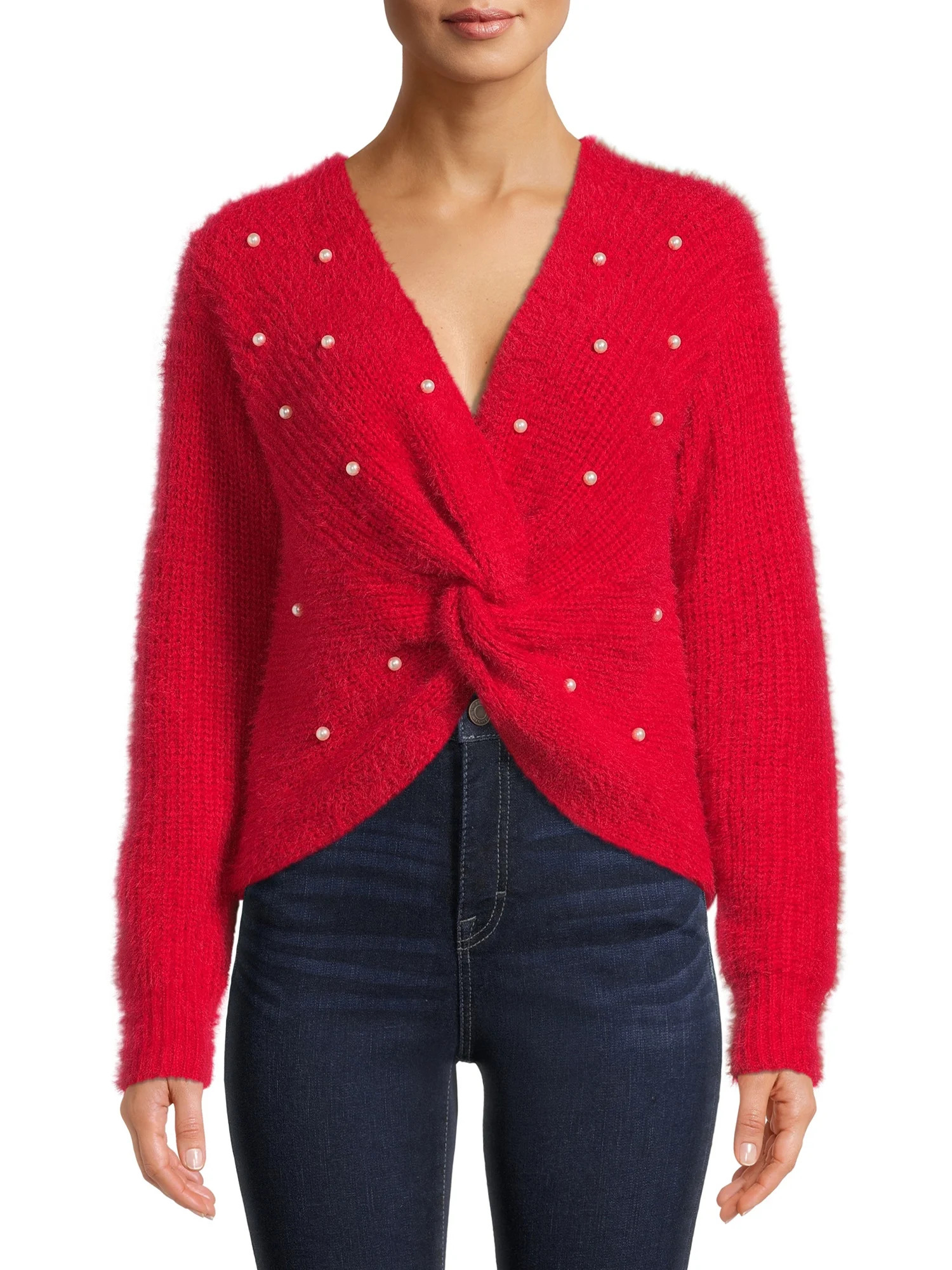 No Boundaries Juniors' Twist Faux Pearl Sweater - Walmart.com | Walmart (US)