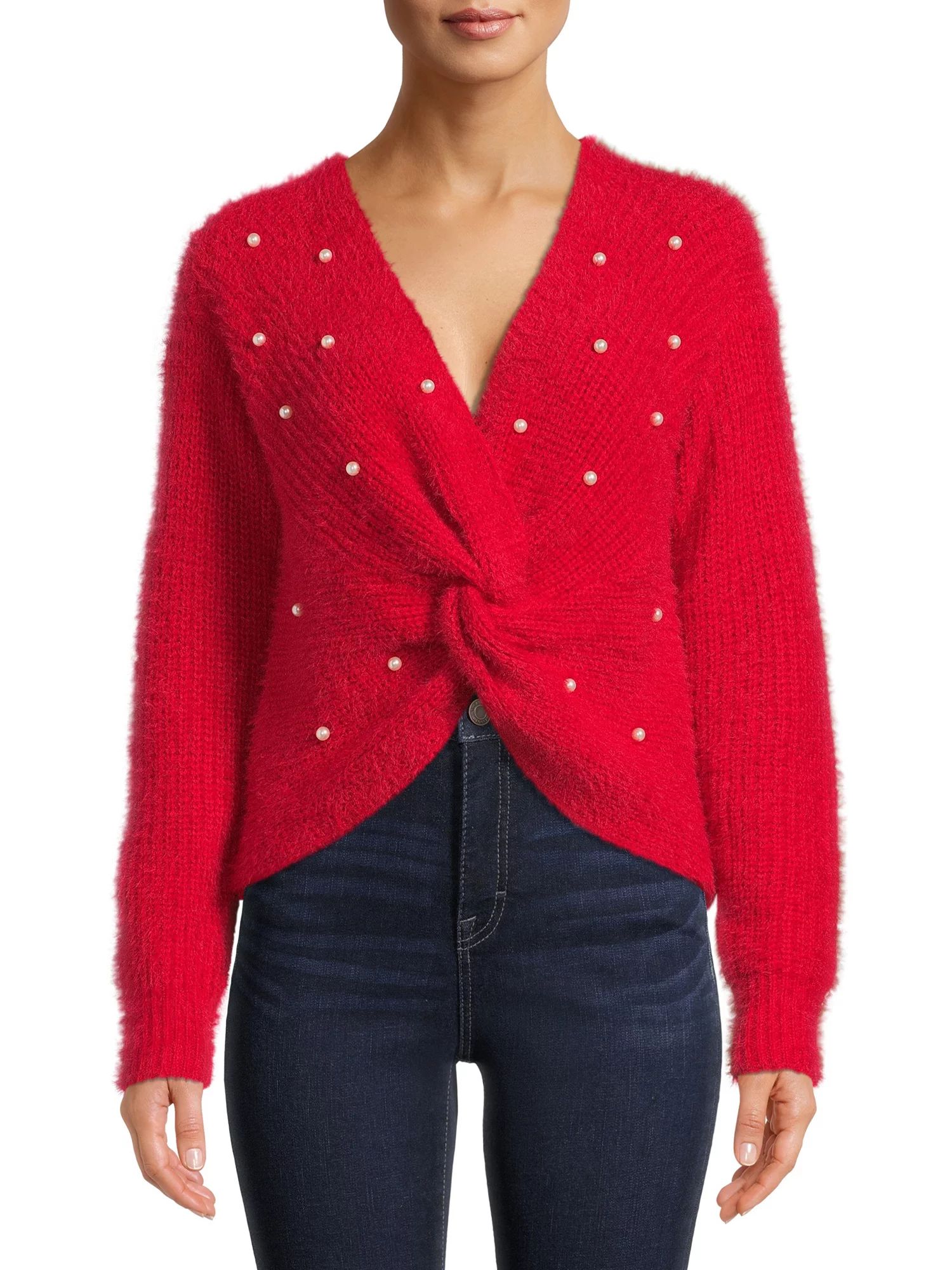 No Boundaries Juniors' Twist Faux Pearl Sweater | Walmart (US)