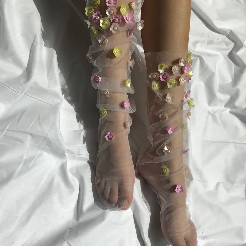 Pastel Floret Paradise Tulle Socks | Flower Tulle Socks | Embellished socks | Wedding Vintage soc... | Etsy (US)