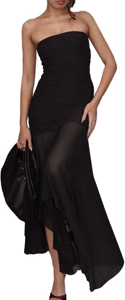 Women's Sexy Strapless Mesh Maxi Dress Tube Top Midi Dresses Wedding Guest Party Cocktail | Amazon (US)