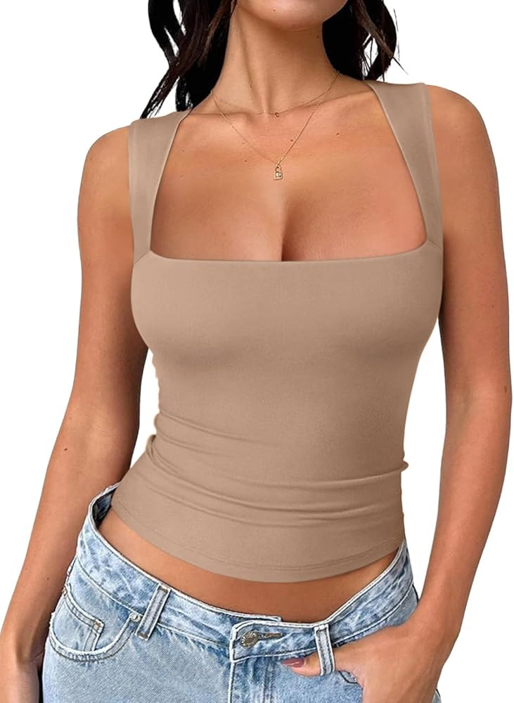 REORIA Butsmooth® Women's Square Neck Going Out Crop Tops Double Lined Cute Basic Tank Tops 2026... | Amazon (US)