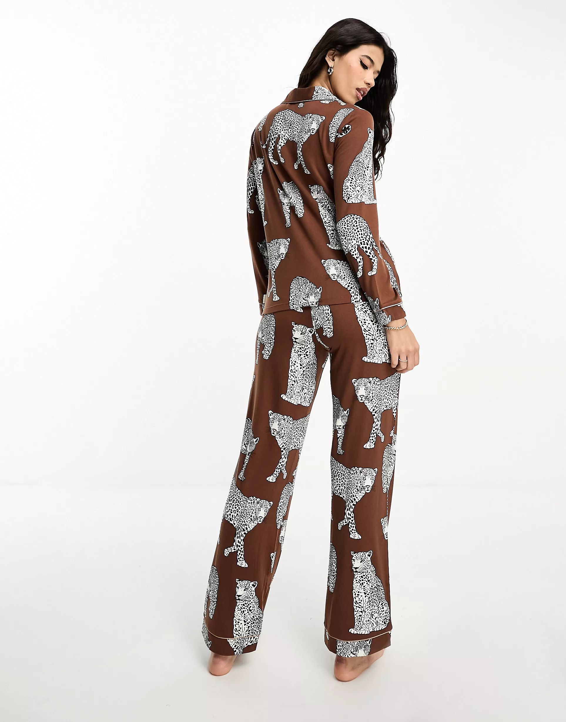 Chelsea Peers Exclusive leopard print jersey button top and pants pajama set in brown | ASOS (Global)