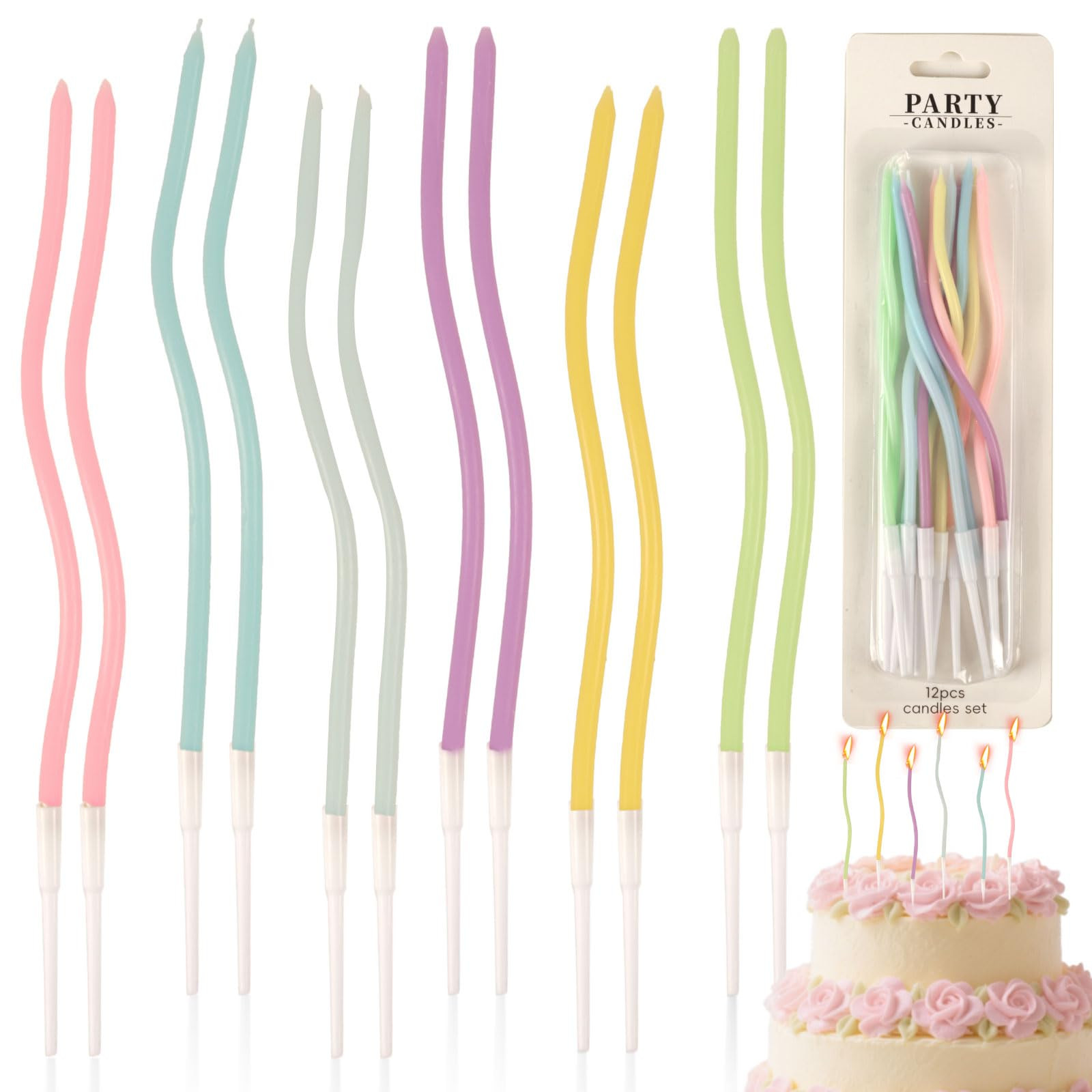 Amazon.com: 12 Pcs Colorful Twisty Candles for Cake – Thin Spiral Birthday Candles with Holders... | Amazon (US)