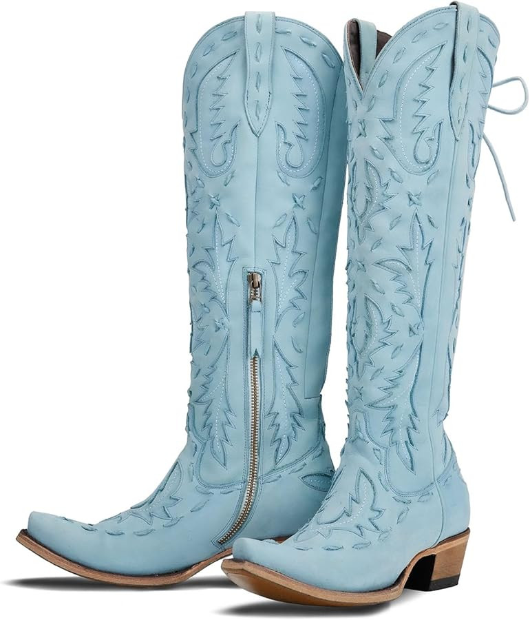 Knee High Cowboy Boots for Women Pointed Toe Side Zipper Cowgirl Boots Women's Back Lace up Chunk... | Amazon (US)