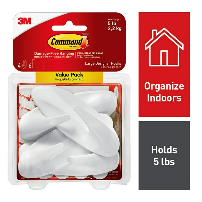 Command Large Designer Hooks, White, 4 Wall Hooks, Damage-Free Hanging | Walmart (US)