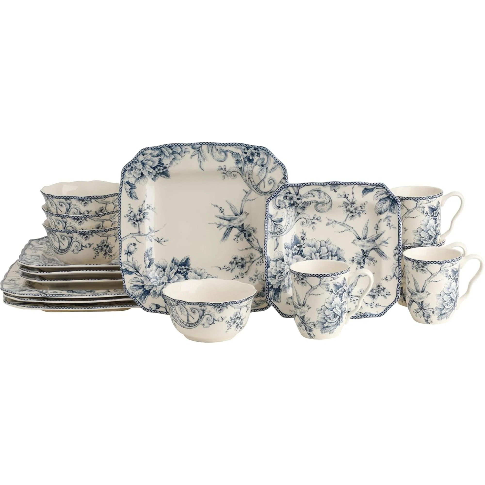Adelaide 16 Piece Square Floral Dinnerware Set Service For 4 Porcelain Plates & Bowls For Everyda... | Wayfair North America