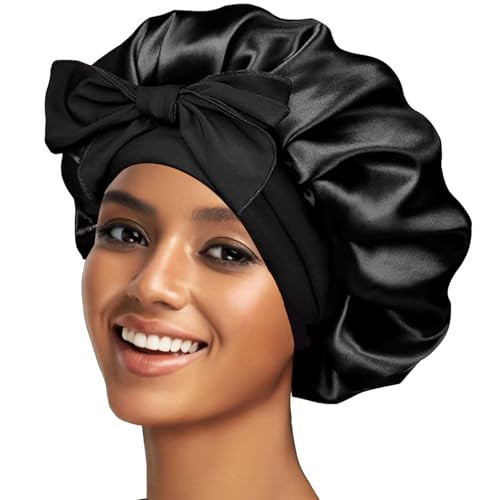 Silk Bonnet Satin Bonnet for Sleeping Large Bonnets with Tie Band Hair Wrap with Adjustable Straps Hair Cap for Women Curly Black | Amazon (US)