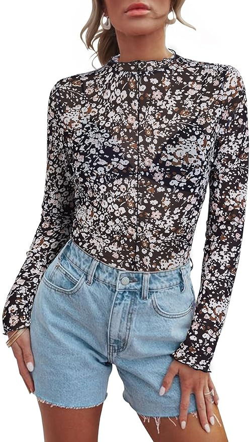 Women Floral Mesh Top Lace Long Sleeve Tops Mock Neck Ruffle See Through Tops Fitted Sexy Going O... | Amazon (US)