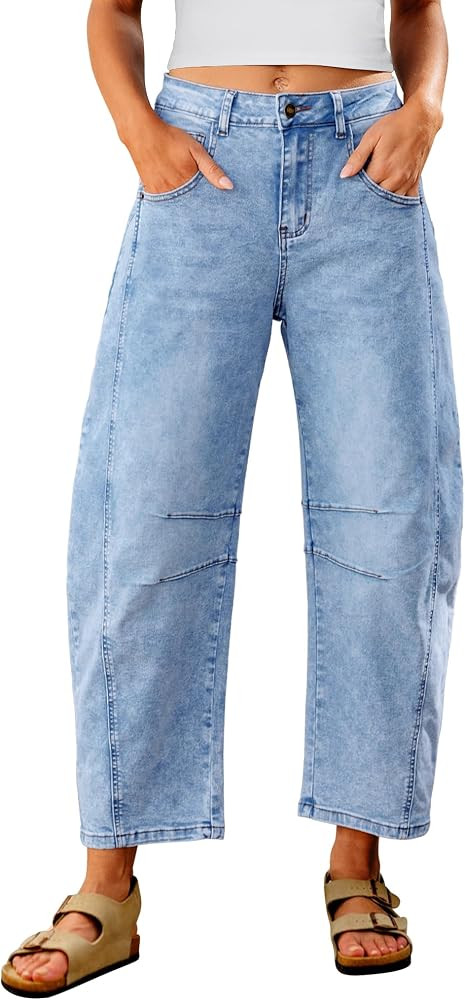 Utyful Barrel Jeans Women Cropped Baggy Trendy High Waisted Distressed Loose Stretch Denim Trouse... | Amazon (US)