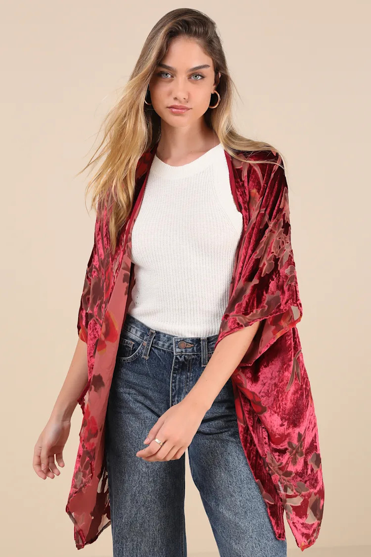 Decidedly Exceptional Red Floral Burnout Velvet Shawl | Lulus