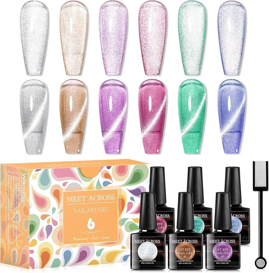 MEET ACROSS Ice Cat Eye Gel Nail Polish Set Soak Off UV LED Light Starry Sky Effect Magic Gel Nai... | Amazon (US)