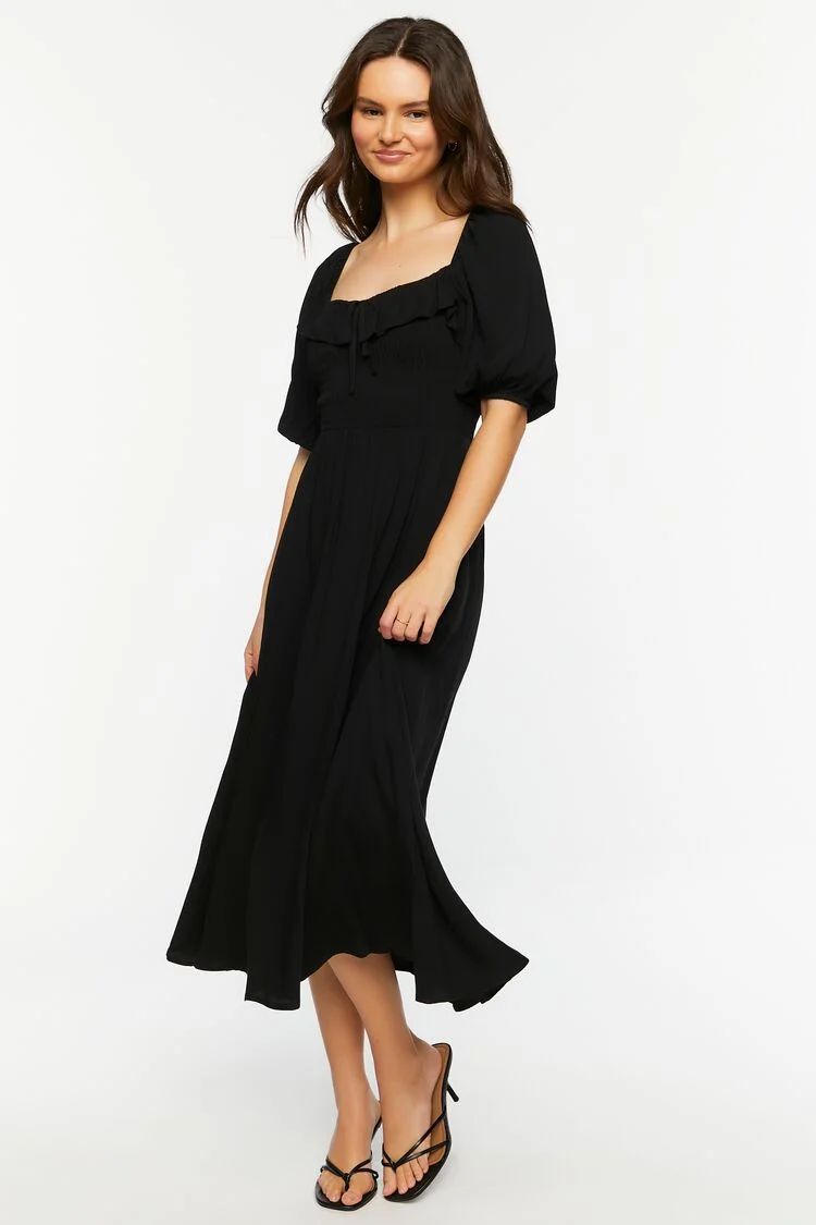 Women's Smocked Puff-Sleeve Midi Dress in Black Large | Forever 21 (US)