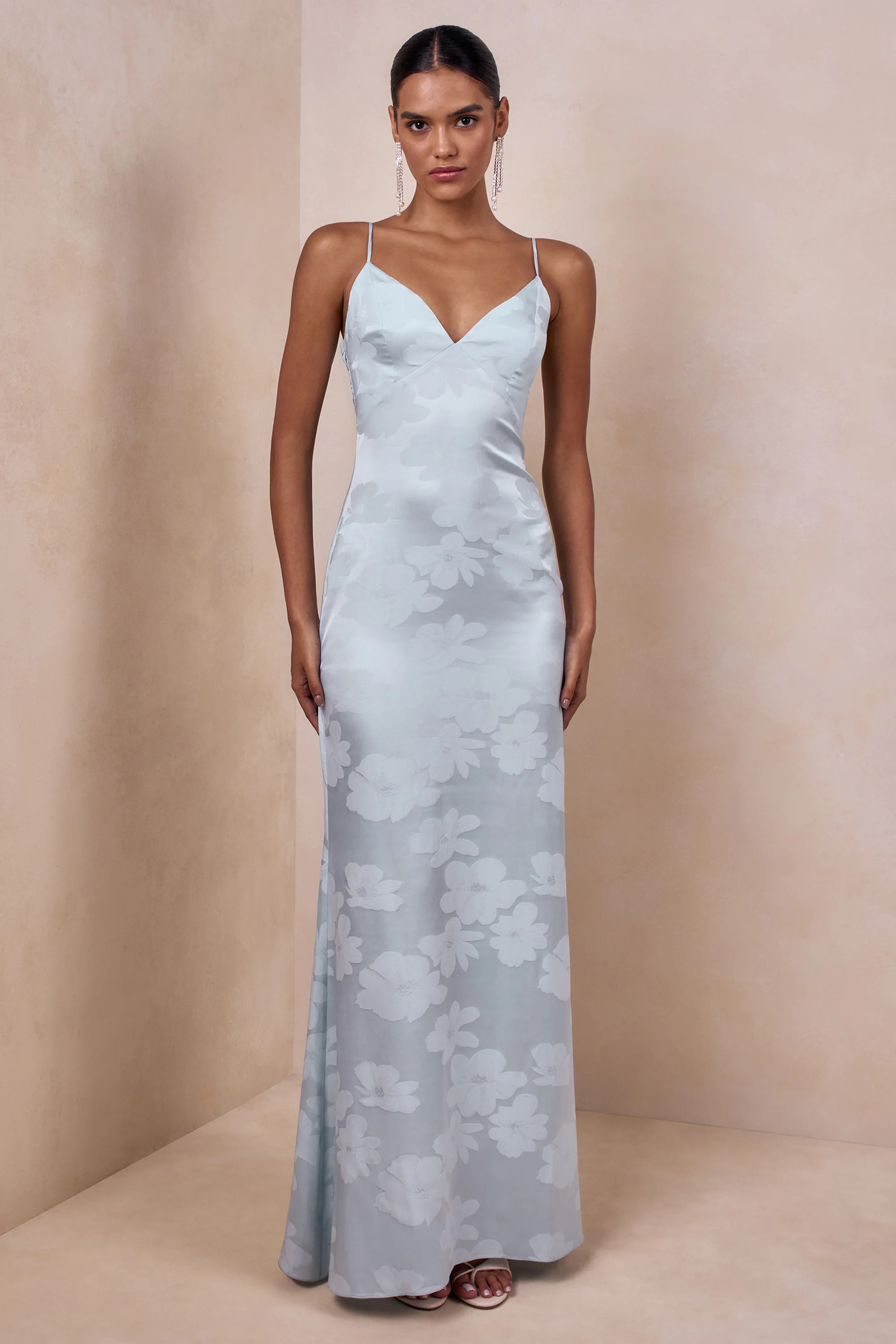 Carelle | Powder Blue Satin Plunge-Neck Maxi Dress With Asymmetric Drop-Waist | Club L London