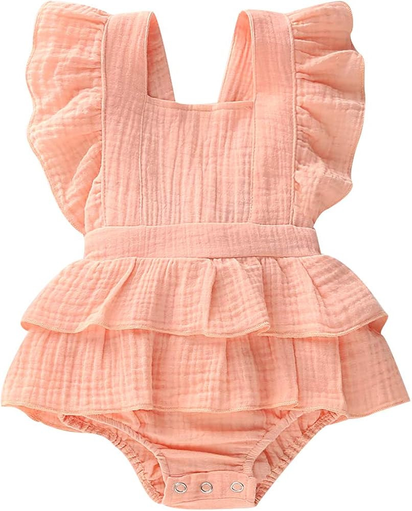 Bowanadacles Newborn Infant Baby Girl Romper Jumpsuit Cotton Linen Sleeveless Ruffled Bodysuit Summe | Amazon (US)