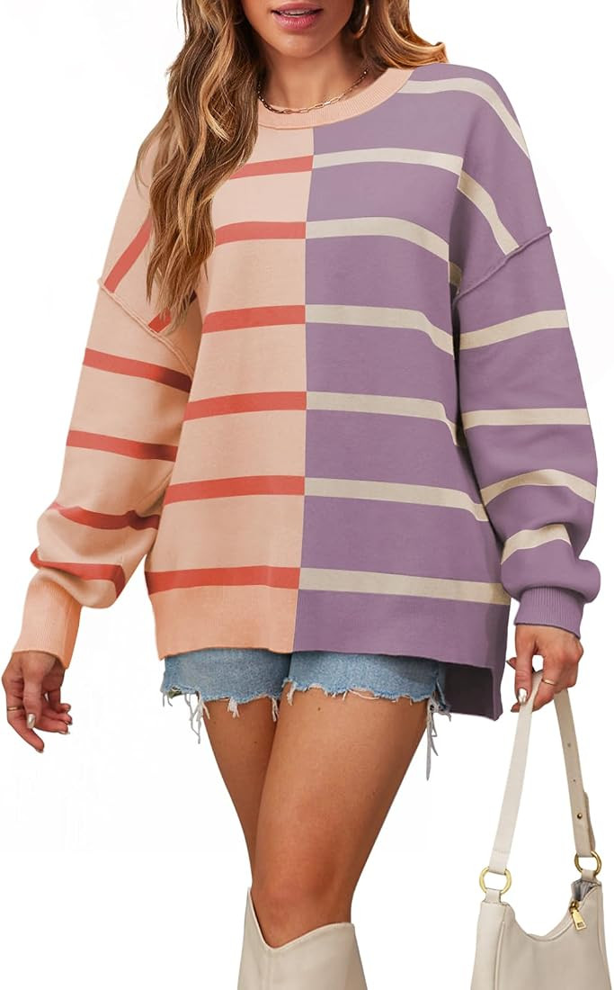 MEROKEETY Women's 2023 Striped Oversized Sweater Long Sleeve Color Block Casual Knit Pullover Top | Amazon (US)