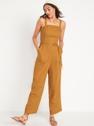 Sleeveless Linen-Blend Tie-Belt Wide-Leg Jumpsuit for Women | Old Navy (US)