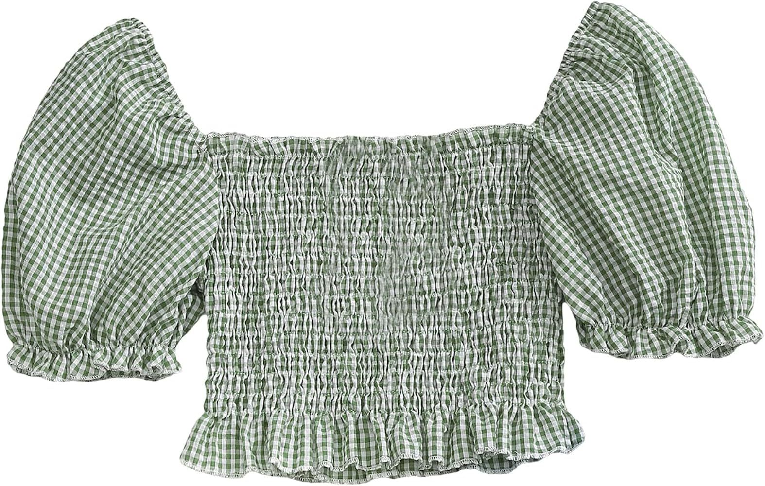 GORGLITTER Women's Smocked Gingham Print Crop Top Square Neck Shirred Ruffle Trim Puff Short Slee... | Amazon (US)