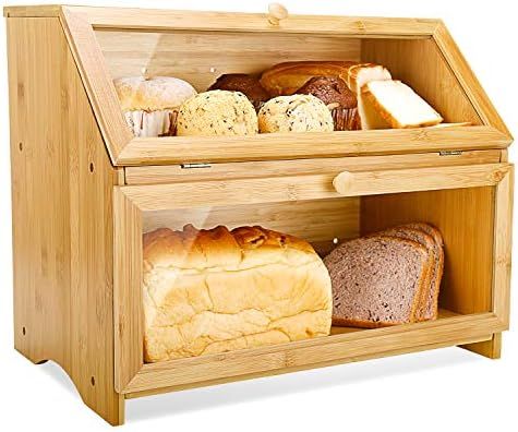 Amazon.com: HOMEKOKO Double Layer Large Bread Box for Kitchen Counter, Wooden Large Capacity Brea... | Amazon (US)