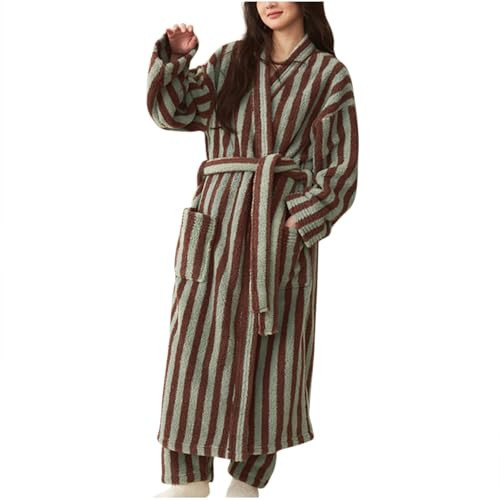 Women's Long Sleeve Striped Fuzzy Bathrobe, Luxury Spa Soft Comfy Full Length Robe Winter Fashion Casual Loungewear | Amazon (US)