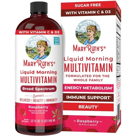 MaryRuth's Morning Multivitamin Liquid, Raspberry Flavor, Vegan, Non-GMO, Unisex, with Vitamins C and D, 1 Count, 32 fl oz | Walmart (US)