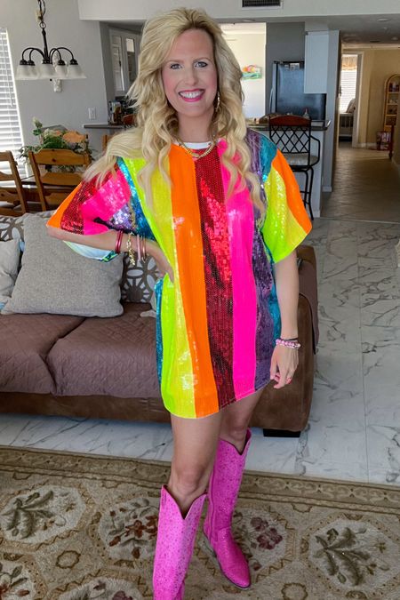 Sequin stripe dress
Pink cowboy boots
TSwift concert dress
Eras outfit dress
Country concert outfit
Rainbow dress


#LTKunder50 #LTKshoecrush #LTKstyletip