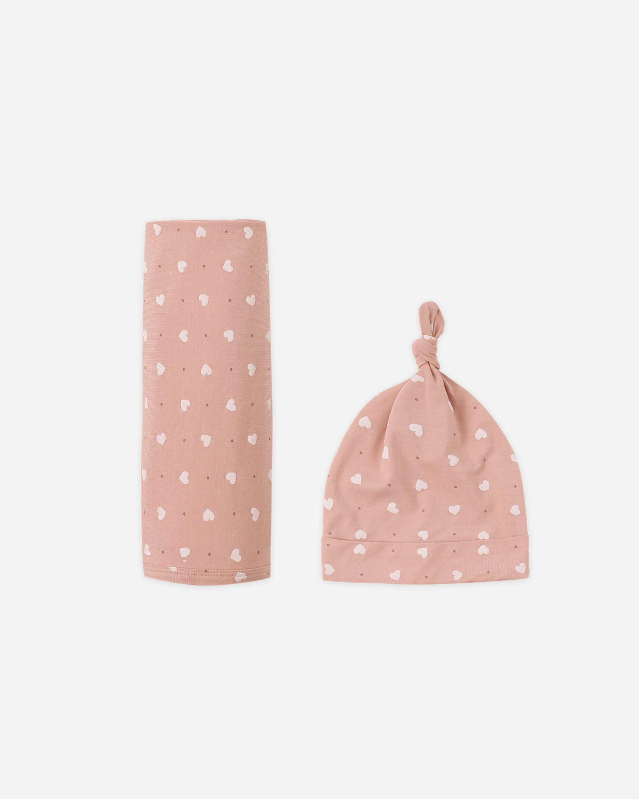 Bamboo Swaddle + Knotted Hat Pink Hearts | Rylee + Cru