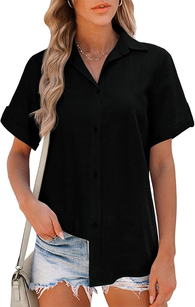HOTOUCH Button Down Shirt Women Cotton Short Sleeve Blouses V Neck Collared Button Up Summer Beac... | Amazon (US)