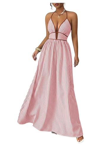 Floerns Women's Striped Halter Maxi Dress Backless Smocked Beach Vacation Boho Dress | Amazon (US)