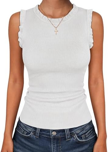 ANRABESS Ribbed Tank Tops for Women Crew Neck Ruffle Sweater Vest Cute Sleeveless Shirts 2026 Sum... | Amazon (US)