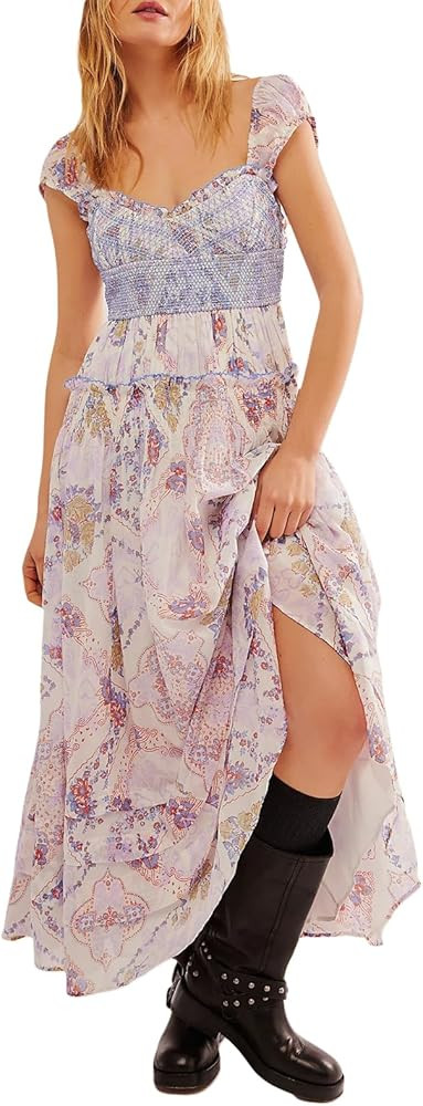 Womens Summer Spaghetti Strap Long Dress Boho Low Cut Dress Backless Bodycon Midi Dress Bohemian ... | Amazon (US)