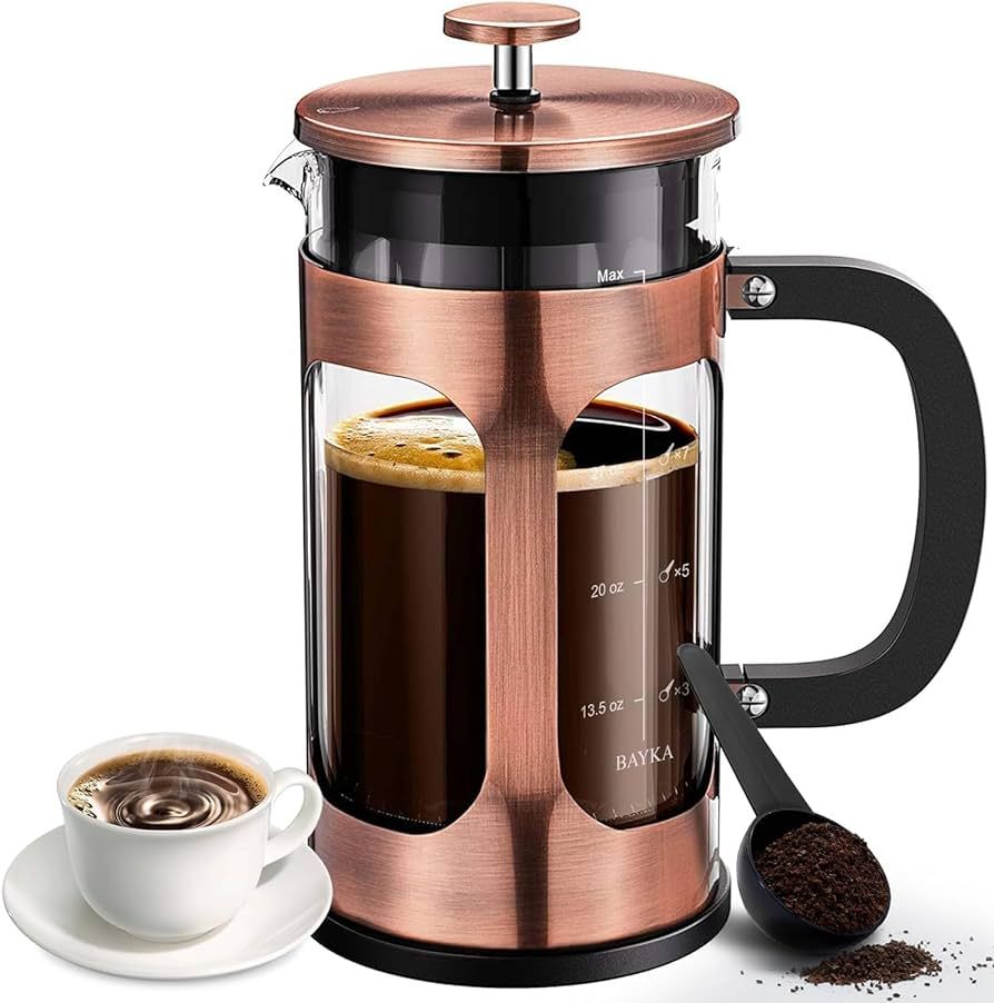 BAYKA 34 Ounce 1 Liter French Press Coffee Maker, Glass Classic Copper Stainless Steel Coffee Pre... | Amazon (US)