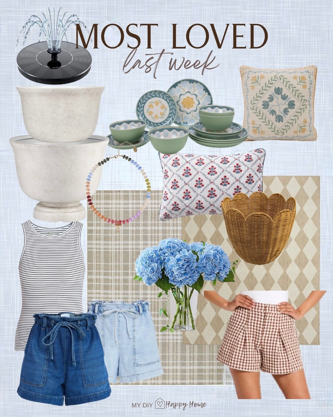 Last weeks most loved and best sellers:

Solar fountain 
Planters 
Melamine-bamboo dinnerware
Pillows
Scallop edge basket 
Hydrangea stems 
Gingham shorts
Denim shorts 
High neck tank top
Outdoor rugs 
Beaded necklace 

#LTKSeasonal #LTKootd #LTKHome