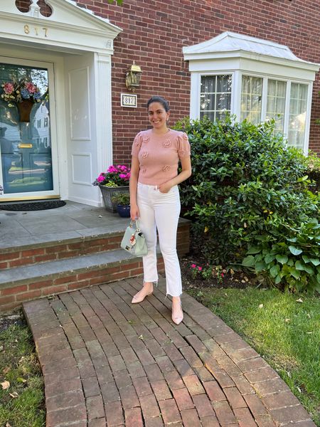 Getting dressed up any chance I can get these days. It’s about 7 weeks until the bar exam and I’m in sweats all day long… so the lucky lady’s at the nail salon 💅🏻 got to see me all dolled up for my one fun event this week 😂
New gifted sweater from @chicwish paired with white jeans, nude flats and a statement bag! 

Chicwish, floral sweater, short sleeve sweater, flower appliqué, white jeans, sling backs, nude flats, nude mules, spring outfit, office outfit, business casual, office style 

#LTKunder100 #LTKSeasonal #LTKfit